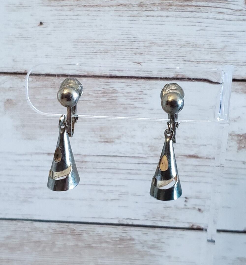 Vintage Clip On Earrings Gold Tone Cone Dangle - Just Under 1.25'